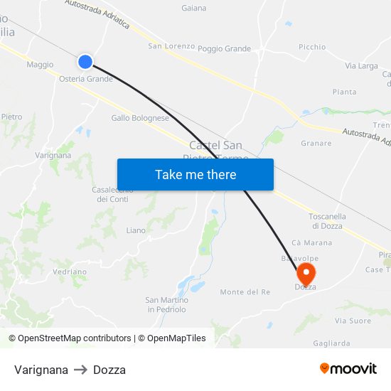 Varignana to Dozza map