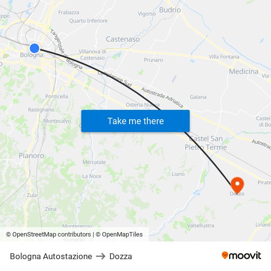 Bologna Autostazione to Dozza map