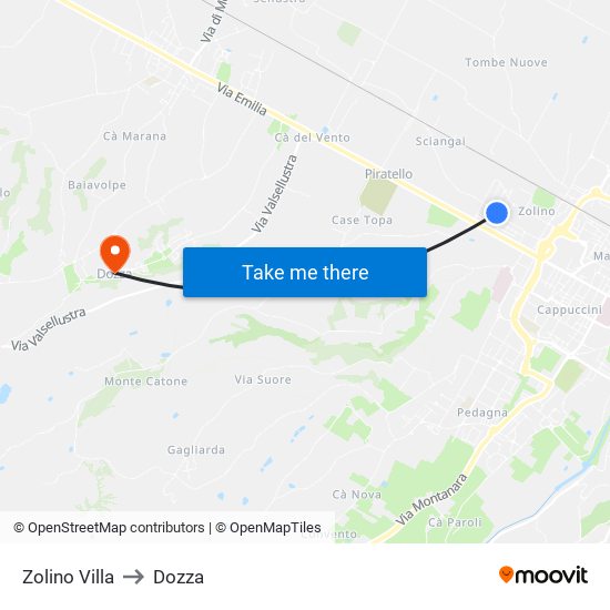 Zolino Villa to Dozza map