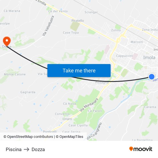 Piscina to Dozza map