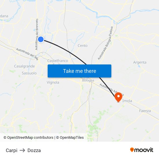 Carpi to Dozza map