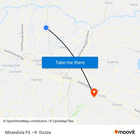 Mirandola FS to Dozza map
