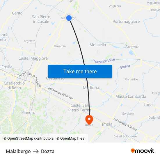 Malalbergo to Dozza map