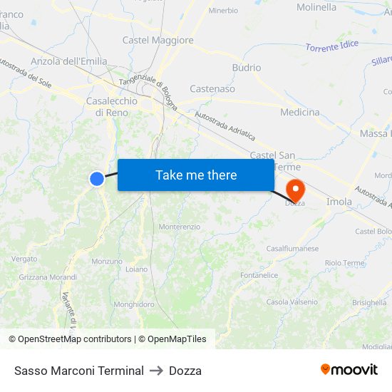 Sasso Marconi Terminal to Dozza map