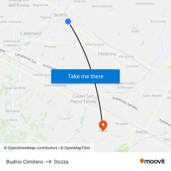 Budrio Cimitero to Dozza map