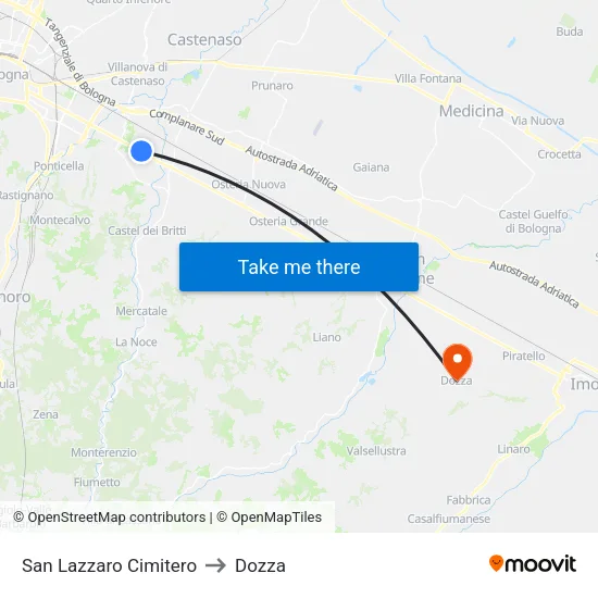 San Lazzaro Cemetery to Dozza map