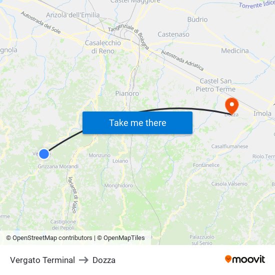 Vergato Terminal to Dozza map