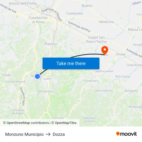 Monzuno Town Hall to Dozza map
