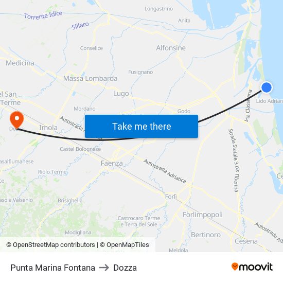 Punta Marina Fontana to Dozza map