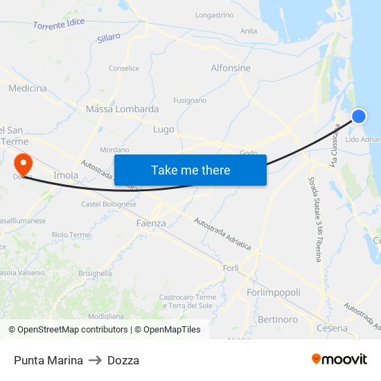 Punta Marina to Dozza map