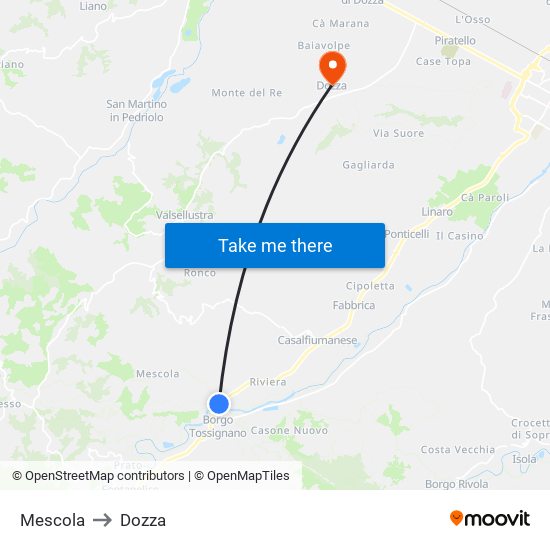 Mescola to Dozza map