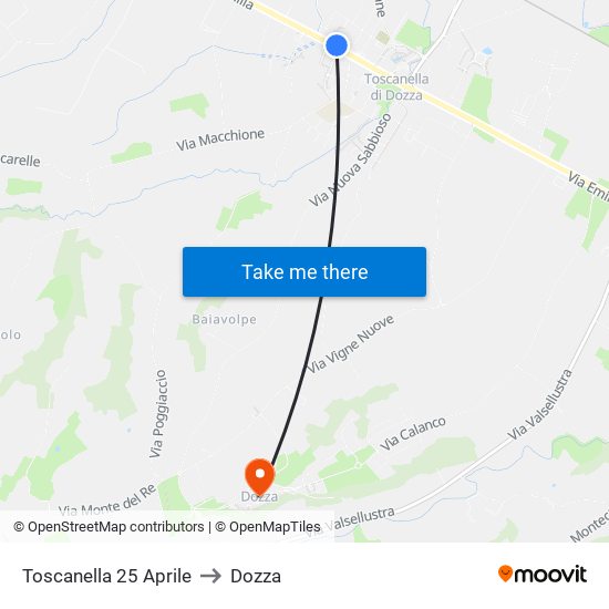 Toscanella 25 Aprile to Dozza map