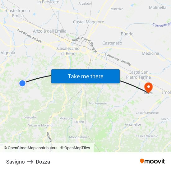 Savigno to Dozza map