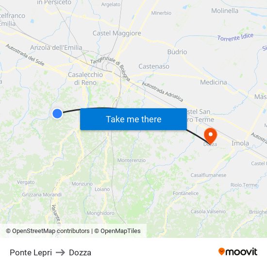 Ponte Lepri to Dozza map