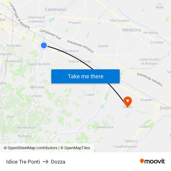 Idice Tre Ponti to Dozza map