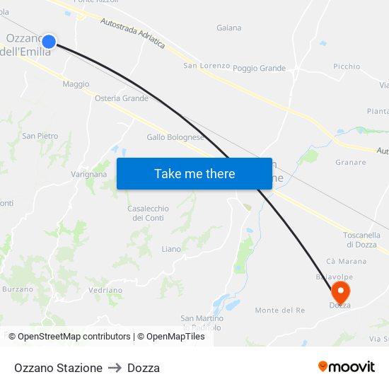 Ozzano Stazione to Dozza map