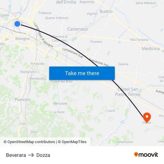 Beverara to Dozza map