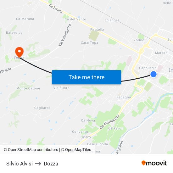 Silvio Alvisi to Dozza map
