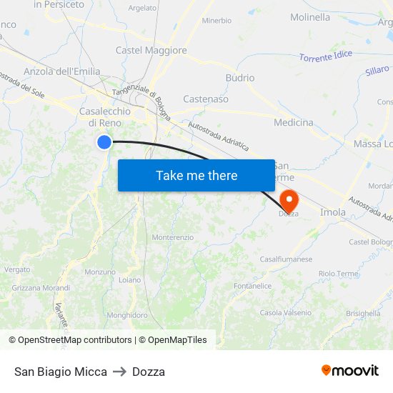 San Biagio Micca to Dozza map