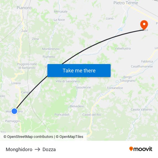 Monghidoro to Dozza map