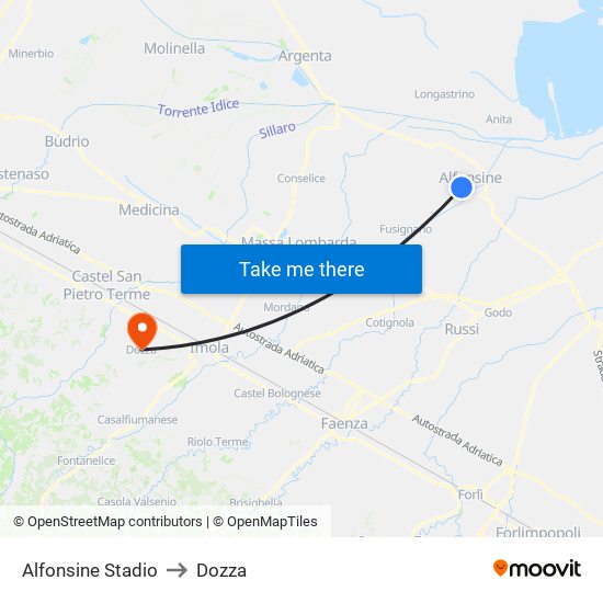 Alfonsine Stadio to Dozza map