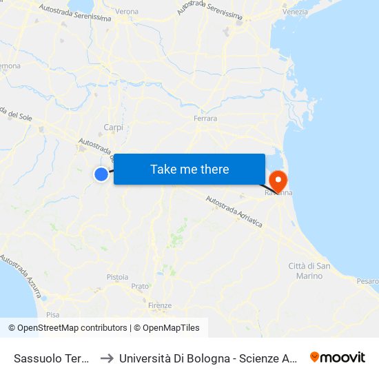 Sassuolo Terminal to Università Di Bologna - Scienze Ambientali map