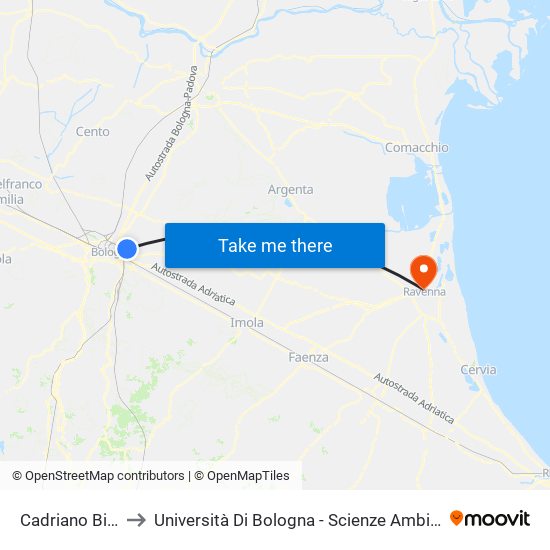 Cadriano Bivio to Università Di Bologna - Scienze Ambientali map