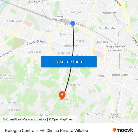 Bologna Centrale to Clinica Privata Villalba map