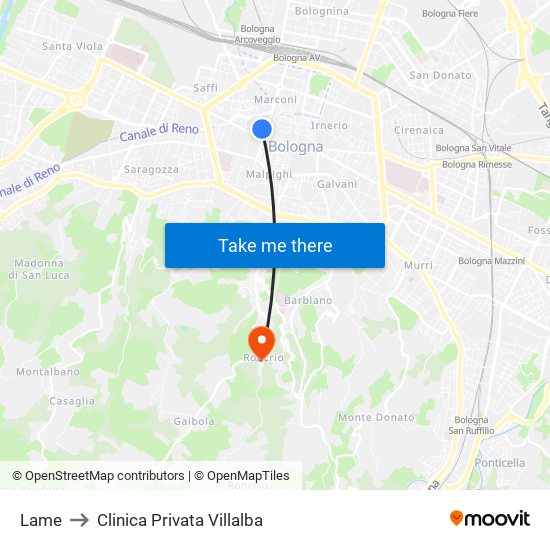 Lame to Clinica Privata Villalba map