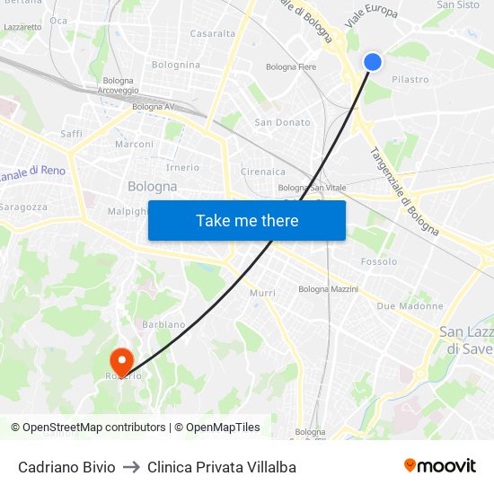 Cadriano Bivio to Clinica Privata Villalba map