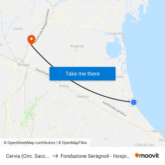 Cervia (Circ. Sacchetti Est) to Fondazione Seràgnoli - Hospice Bentivoglio map