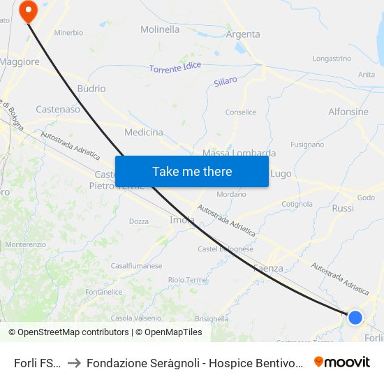 Forli FS A to Fondazione Seràgnoli - Hospice Bentivoglio map