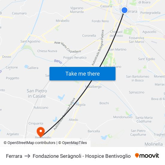 Ferrara to Fondazione Seràgnoli - Hospice Bentivoglio map