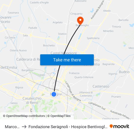 Marconi to Fondazione Seràgnoli - Hospice Bentivoglio map