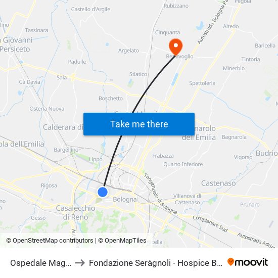 Ospedale Maggiore to Fondazione Seràgnoli - Hospice Bentivoglio map