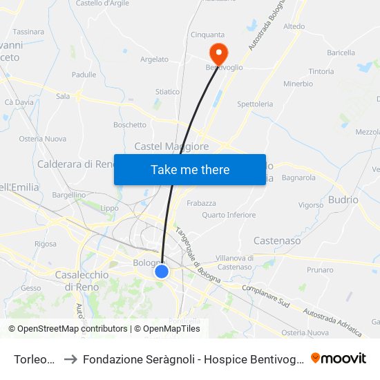 Torleone to Fondazione Seràgnoli - Hospice Bentivoglio map