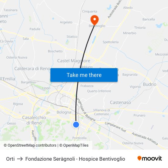 Orti to Fondazione Seràgnoli - Hospice Bentivoglio map