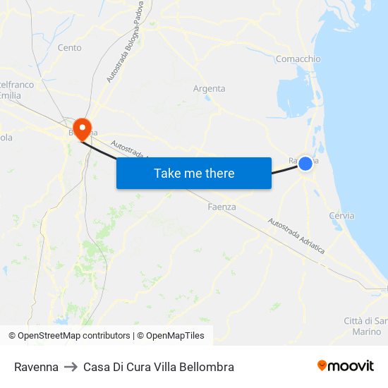 Ravenna to Casa Di Cura Villa Bellombra map