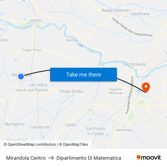 Mirandola Centro to Dipartimento Di Matematica map