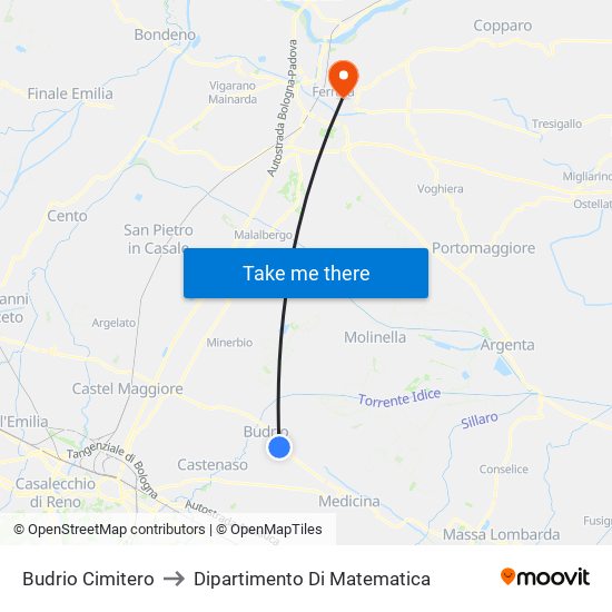 Budrio Cimitero to Dipartimento Di Matematica map