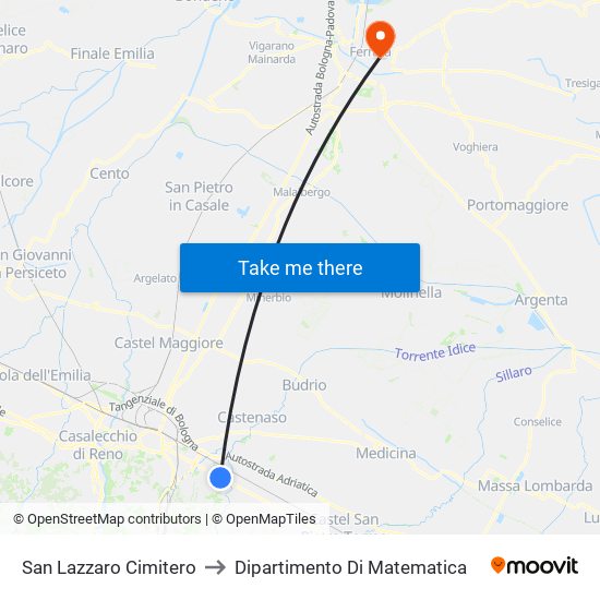 San Lazzaro Cimitero to Dipartimento Di Matematica map