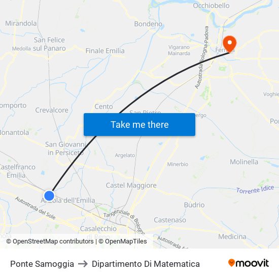 Ponte Samoggia to Dipartimento Di Matematica map