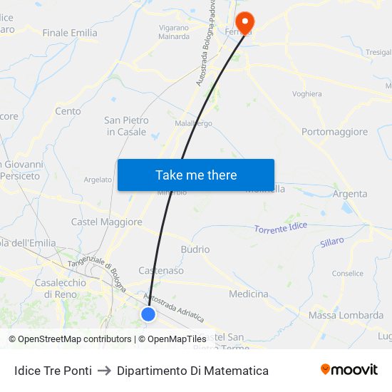 Idice Tre Ponti to Dipartimento Di Matematica map