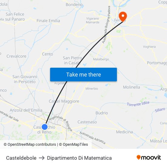 Casteldebole to Dipartimento Di Matematica map