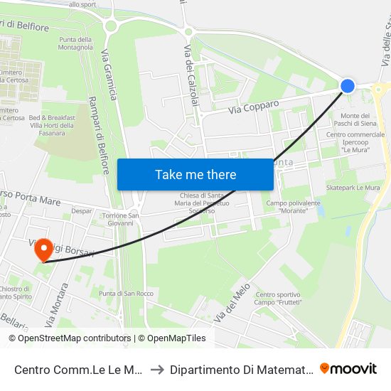 Centro Comm.Le Le Mura to Dipartimento Di Matematica map