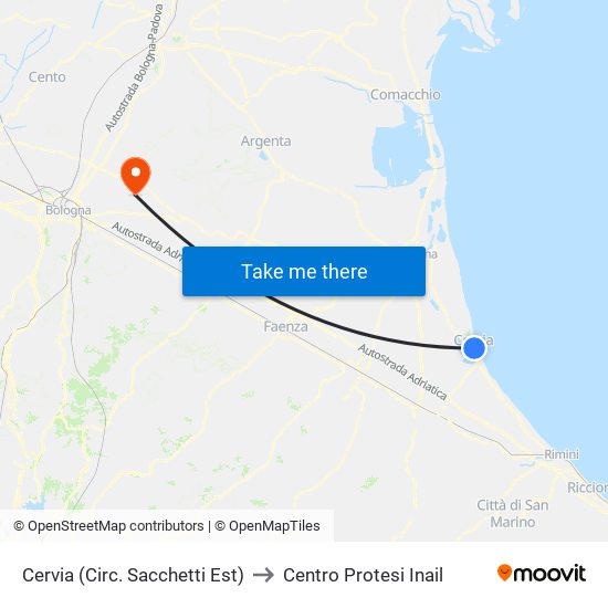 Cervia (Circ. Sacchetti Est) to Centro Protesi Inail map