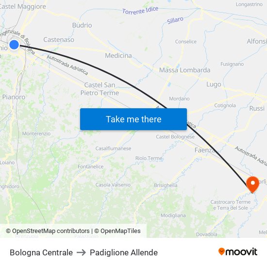 Bologna Centrale to Padiglione Allende map