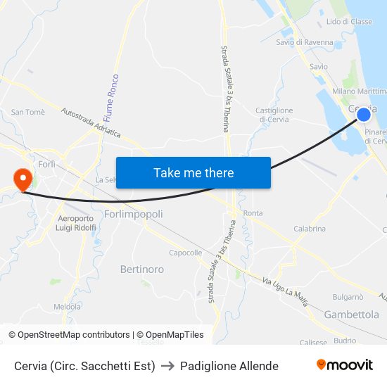 Cervia (Circ. Sacchetti Est) to Padiglione Allende map