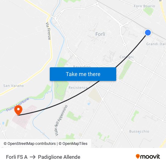 Forli FS A to Padiglione Allende map