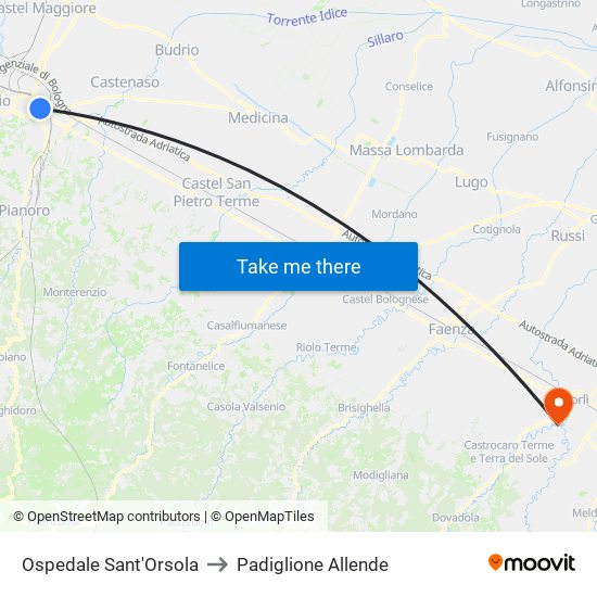 Ospedale Sant'Orsola to Padiglione Allende map